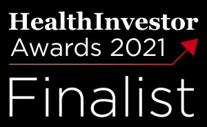 The image contains text reading: "HealthInvestor Awards 2021 Finalist" in white on a black background, with a red arrow pointing upwards.