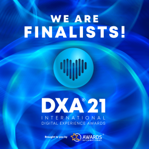 'WE ARE FINALIST DXA 21' text sits over a graphic blue and aqua background.