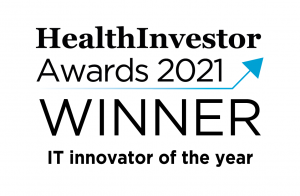 Text reading: "HealthInvestor Awards 2021 WINNER. IT innovator of the year." A blue arrow design is in the top right corner.