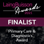 A badge features the text "LaingBuisson Awards 2021 FINALIST Primary Care & Diagnostics Award" on a black and purple background, set amidst a sparkling visual effect.