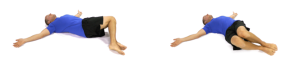 A person lies on a white surface, wearing a blue shirt and black shorts. In the left image, knees are bent with arms spread wide. In the right image, legs are tilted to one side.