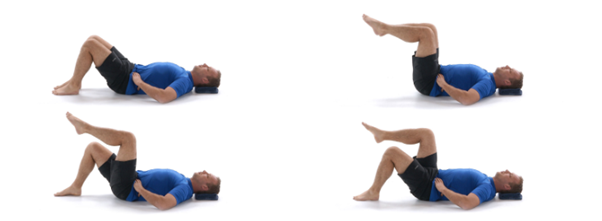 Man lying on a mat performs leg exercises, sequentially lifting and bending knees. He wears a blue shirt and black shorts. The background is plain white.