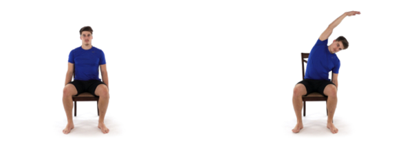 Man in a blue shirt sits on a chair with feet flat, moves from sitting straight to leaning sideways with arm over head, demonstrating a seated side stretch against a white background.