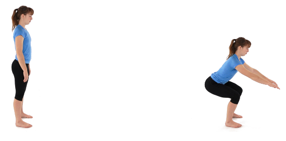 A woman in athletic clothing demonstrates a squat exercise. Left: standing upright. Right: squatting with arms extended forward. She is in a white, empty space.