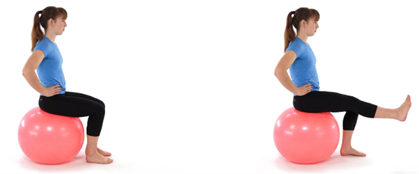 A woman sits on a pink exercise ball; in the first shot, legs are bent, and in the second, she extends one leg forward, with a white background.