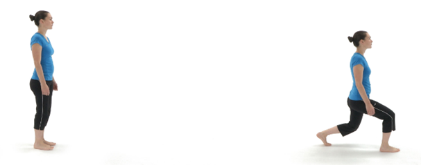 A woman in exercise attire performs a lunge, transitioning from standing on a plain white background, demonstrating a fitness movement.