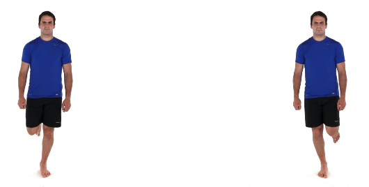 A woman in exercise attire performs a lunge, transitioning from standing on a plain white background, demonstrating a fitness movement.