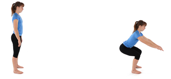 Woman in a blue shirt demonstrates a squat exercise. She stands upright, then squats with arms extended forward. Both images are set against a plain white background, showing exercise steps.