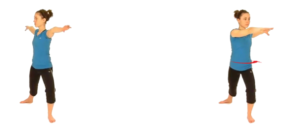 Two women perform side stretches with extended arms, wearing blue tops and black pants, against a white background. Both maintain a wide stance, facing opposite directions.