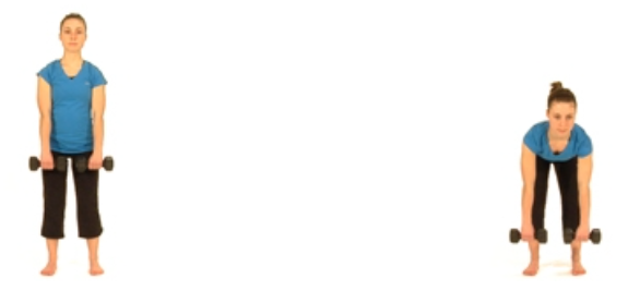 A woman in a blue shirt and black pants performs a dumbbell exercise; first standing, then bending forward at the hips, in a well-lit, simple space. No text appears.