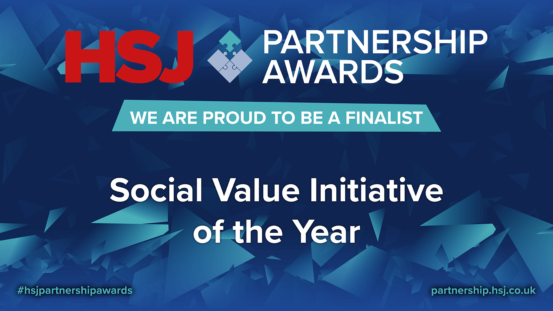HSJ Partnership Awards banner displays text announcing finalist status for 