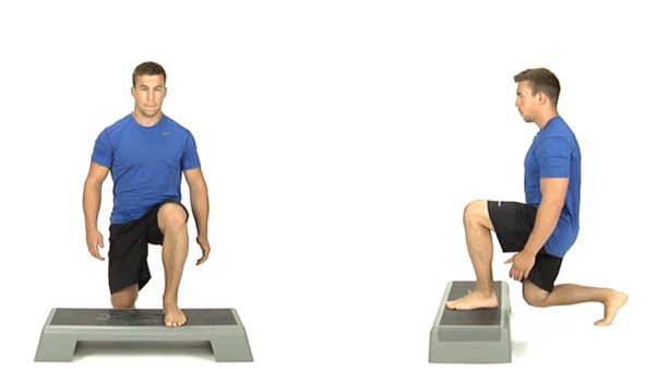 A man in a blue shirt performs lunges using a grey step platform, demonstrating an exercise routine against a plain white background.
