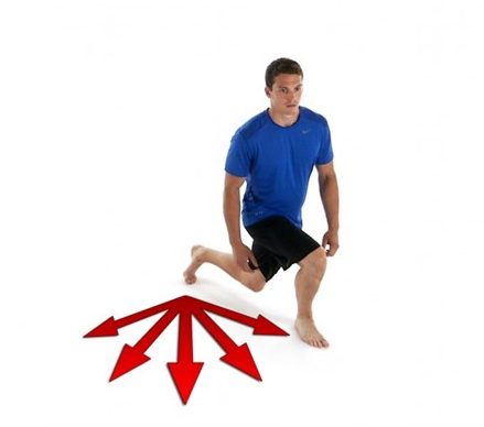 Man in a blue shirt lunges forward with one knee bent, surrounded by red arrows pointing in multiple directions on a plain white background.
