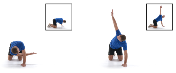 A man in a blue shirt kneels on the floor, demonstrating an arm stretching exercise by reaching out sideways, with inset images showing the same stretch from different angles.