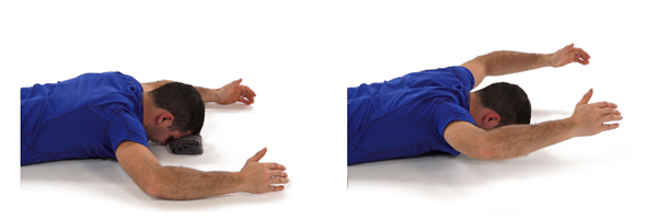Man in a blue shirt lies on his stomach on a white surface, arms outstretched overhead. First image shows arms resting, second image shows arms raised slightly off the ground.