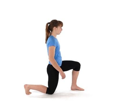 A person kneels on one knee with the other foot flat on the ground, performing a lunge exercise on a white background, wearing a blue shirt and black leggings.