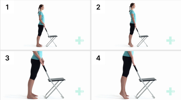 Woman performing a series of leg exercises using a folding chair for support. The sequence, labeled 1 through 4, shows different leg positions in a bright, minimalist setting.