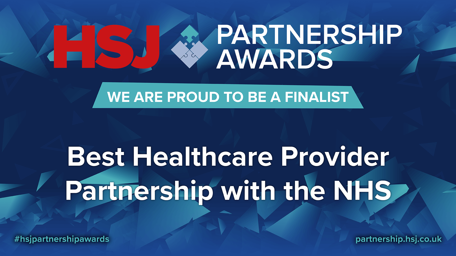 HSJ Partnership Awards banner displays text announcing finalist status for 