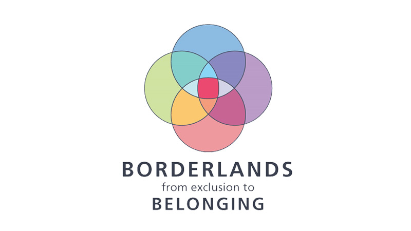Five overlapping circles create a multicolored flower-like design above the text 