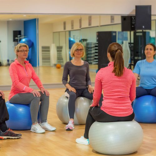 A group of five seated adults balance on exercise balls, engaged in a fitness class. They are in a brightly lit gym with mirrors and wooden flooring, wearing casual sportswear.