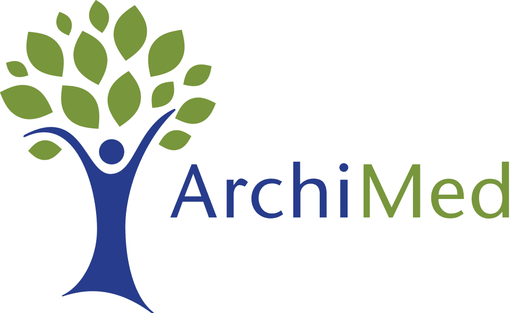 Abstract symbol of a tree made up of a person with outstretched arms and legs in symbolising the tree trunk with green leaves positioned around the head. The text 'ArchiMed' sit to the right in a simple sans serif font with the letters 'Archi' in blue and 'Med' in green.