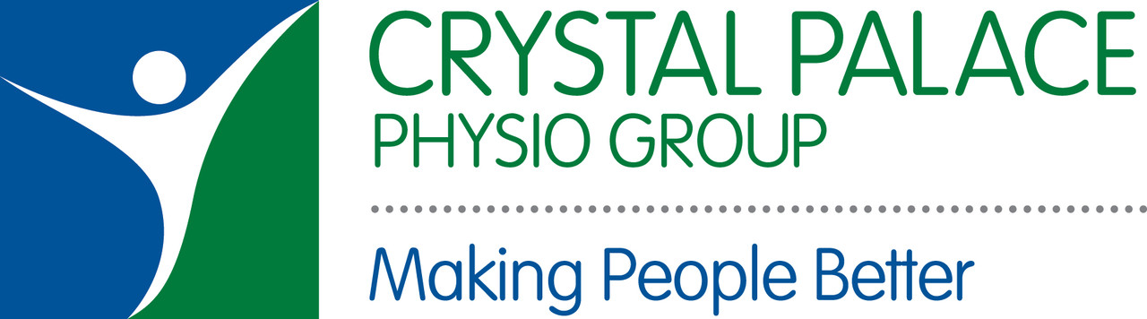 Abstract icon depicting a person with their arms stretched out in white on square with a blue left side and green right side. The words 'CRYSTAL PALACE PHYSIO GROUP' are situated to the right of the symbol in green. The strapline 