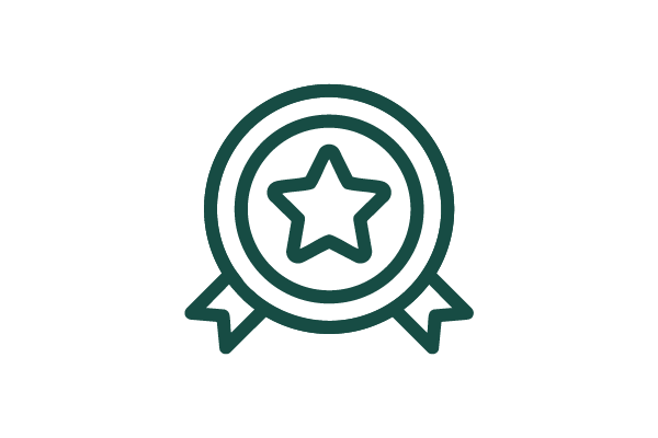 An outlined icon of a badge features a star in the centre, with two ribbons hanging below, symbolising achievement or quality. The design is in dark green against a white background.