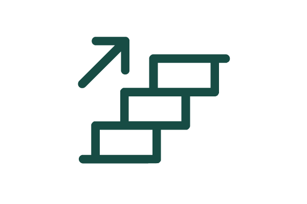 An outlined icon of a staircase with an upward arrow, symbolising progress or advancement. The design is in dark green against a white background.