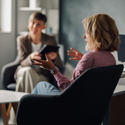 Two people sit in armchairs, engaged in a conversation. One person gestures with their hands while the other holds a tablet. The setting appears to be an office or therapy room.