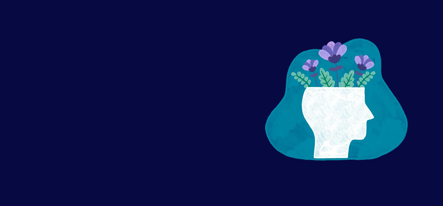 Navy blue coloured background with an illustration of purple flowers growing out of the silhouette of a head.