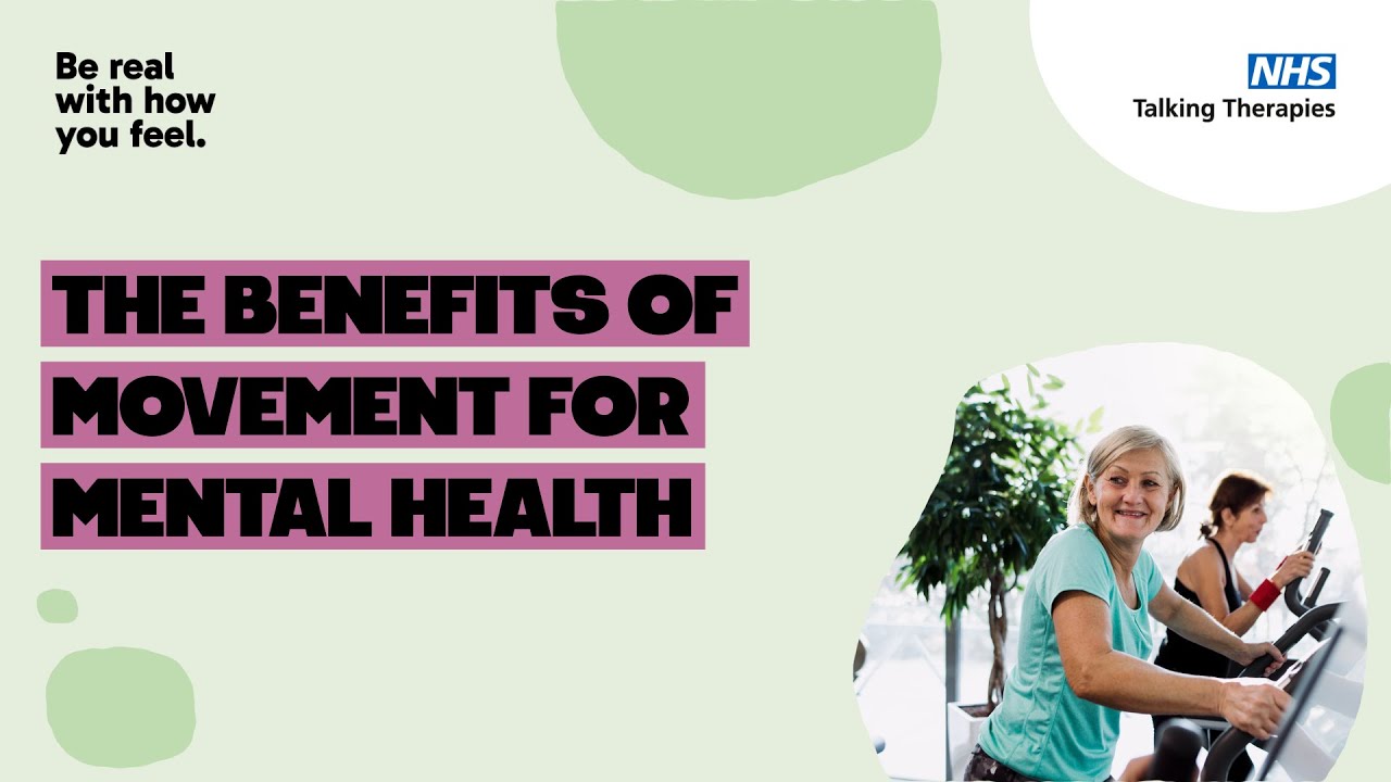 Light green background, with bold black text saying 'the benefits of movement for mental health' and an image of a 60+ blonde woman on an exercise bike.