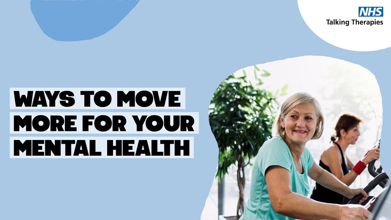 Light blue background, with bold black text saying 'ways to move more for you mental health' and an image of a 60+ blonde woman on an exercise bike.