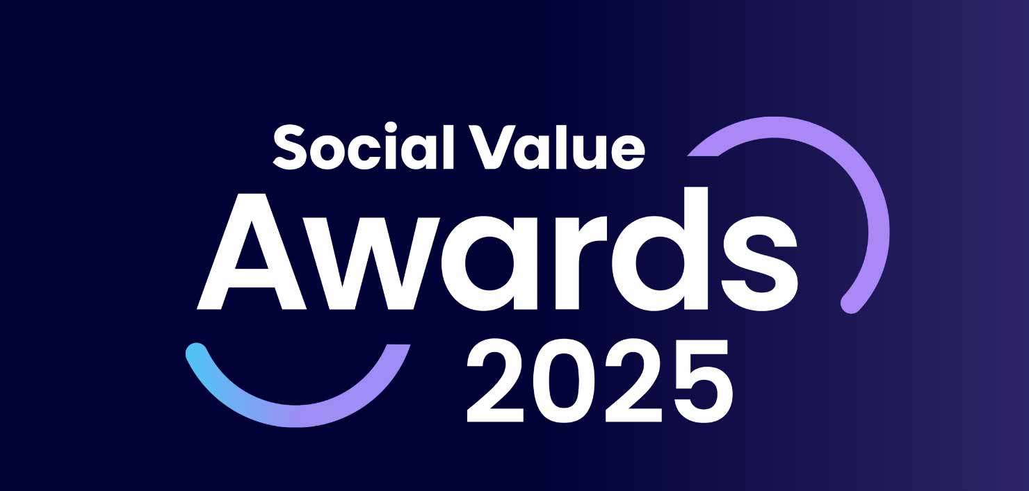 A gradient background goes from a navy blue to dark purple with the text 'Social Value Awards 2025' in white.